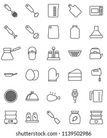 thin line vector icon set - camping cauldron vector, pan, kettle, colander, measuring cup, scales, cook glove, whisk, skimmer, spatula, ladle, cutting board, turk coffee, mixer, double boiler, sieve