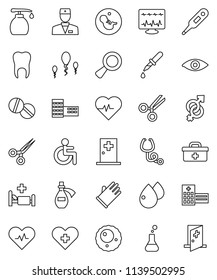 thin line vector icon set - liquid soap vector, rubber glove, school building, heart pulse, doctor bag, disabled, cross, thermometer, flask, eye, gender sign, magnifier, pregnancy, dropper, scissors