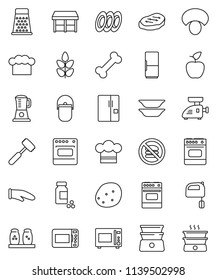 thin line vector icon set - camping cauldron vector, cook hat, glove, meat hammer, grater, mixer, microwave oven, double boiler, spices, plates, mushroom, potato, steak, apple fruit, pills vial