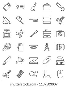 thin line vector icon set - broom vector, fetlock, sponge, car, toilet brush, rubber glove, pan, colander, cook press, ladle, rolling pin, pen, drawing compass, scissors, measuring, first aid kit