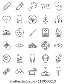 thin line vector icon set - heart cross vector, doctor, thermometer, eye, gender sign, dna, magnifier, pregnancy, syringe, scalpel, patch, stethoscope, pills, microscope, microbs, anamnesis, bandage