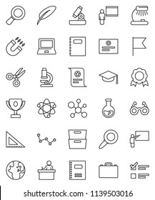 thin line vector icon set - copybook vector, graduate hat, pen, blackboard, corner ruler, glasses, student, case, atom, microscope, table lamp, notebook pc, award cup, medal, certificate, magnet