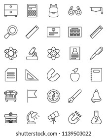 thin line vector icon set - copybook vector, graduate hat, pen, university, corner ruler, glasses, backpack, apple fruit, atom, telescope, microscope, bell, table lamp, calculator, schedule, compass
