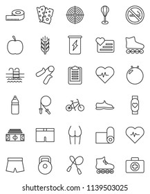 thin line vector icon set - diet vector, measuring, heart pulse, stadium, clipboard, bike, weight, jump rope, hand trainer, punching bag, fitball, buttocks, snickers, shorts, roller Skates, target