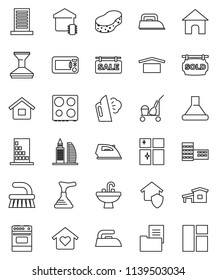 thin line vector icon set - plunger vector, cleaner trolley, fetlock, sponge, car, iron, steaming, shining window, sink, oven, school building, dry cargo, house, cottage, estate document, sold, hood