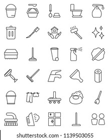 thin line vector icon set - soap vector, scraper, broom, water tap, vacuum cleaner, fetlock, mop, rake, bucket, sponge, trash bin, car, shining, splotch, steaming, toilet, drying clothes, brush