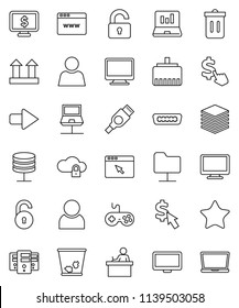 thin line vector icon set - trash bin vector, student, laptop graph, monitor dollar, cursor, top sign, gamepad, favorites, hdmi, notebook network, folder, server, cloud lock, big data, browser, user