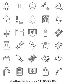 thin line vector icon set - scraper vector, water drop, car fetlock, window cleaning, toilet brush, washer, foam basin, shining, blender, monitor dollar, bottle, route, ambulance star, pills blister