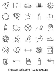 thin line vector icon set - award cup vector, target, barbell, weight, hand trainer, punching bag, muscule, snickers, boxing glove, shorts, roller Skates, skateboard, medal, sports nutrition, pool