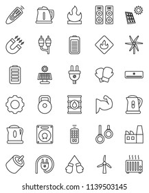 thin line vector icon set - kettle vector, magnet, weight, muscle hand, boxing glove, gymnast rings, flammable, oil barrel, remote control, battery, gear, solar panel, windmill, factory