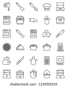 thin line vector icon set - pan vector, cook hat, apron, glove, timer, whisk, spatula, knife, grater, oven, double boiler, cookbook, sieve, dish, mixer, multi cooker, toaster