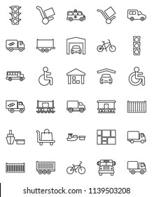 thin line vector icon set - school bus vector, bike, Railway carriage, traffic light, truck trailer, sea container, delivery, car, port, consolidated cargo, warehouse, disabled, amkbulance, garage