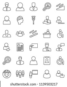 thin line vector icon set - blackboard vector, student, manager, man, personal information, stairways run, client, speaking, group, disabled, doctor, crutches, head bandage, user, login, search