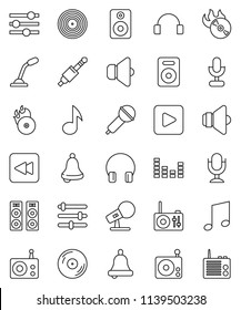 thin line vector icon set - bell vector, music, disk, hit, microphone, radio, speaker, equalizer, headphones, play button, backward, jack