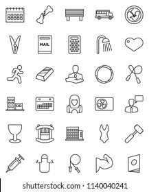 thin line vector icon set - clothespin vector, shower, cleaner woman, apron, meat hammer, grater, school bus, gold ingot, calendar, jump rope, muscule hand, swimsuite, hoop, run, client, glass, crib