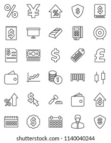 thin line vector icon set - graph vector, gold ingot, japanese candle, wallet, percent growth, manager, dollar, coin stack, auction, annual report, target, presentation board, medal, shield, cursor