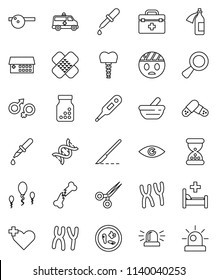 thin line vector icon set - doctor bag vector, heart cross, thermometer, eye, gender sign, dna, magnifier, dropper, scissors, scalpel, broken bone, sand clock, patch, pills, bottle, mortar, hat