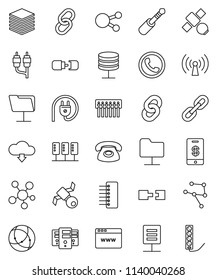 thin line vector icon set - satellite vector, social media, link, rca, jack, connection, network, server, folder, big data, browser, hub, cloud download, chain, document, wireless, phone, tap pay