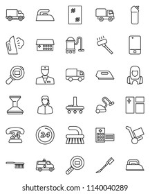 thin line vector icon set - vacuum cleaner vector, fetlock, car, window cleaning, iron, steaming, agent, woman, phone 24, delivery, cargo search, mobile, doctor, hospital building, amkbulance, hour