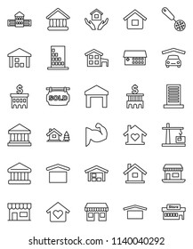 thin line vector icon set - house hold vector, skimmer, school building, university, bank, muscule hand, office, dry cargo, warehouse, hospital, cottage, chalet, garage, barn, sold signboard, store