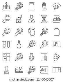 thin line vector icon set - shining window vector, oil, measuring cup, hand mill, spices, jug, jar, magnifier, flask, cargo search, vial, sand clock, potion, cloud glass, estate, client, blender