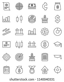 thin line vector icon set - graduate hat vector, clipboard, certificate, graph, pie, japanese candle, money bag, dollar growth, bank building, target, medal, cent sign, stairways run, top, coin