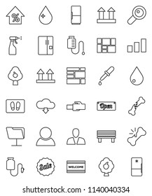 thin line vector icon set - water drop vector, welcome mat, sprayer, percent growth, consolidated cargo, top sign, sorting, magnifier, dropper, broken bone, counter, network folder, lan connector