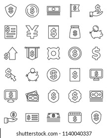 thin line vector icon set - dollar coin vector, cash, piggy bank, investment, growth, receipt, medal, flag, shield, calendar, monitor, cursor, any currency, yen sign, money, bag