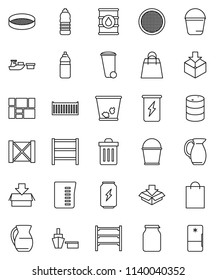 thin line vector icon set - bucket vector, trash bin, measuring cup, jug, sieve, jar, enegry drink, water bottle, sea container, port, wood box, consolidated cargo, package, oil barrel, shelving