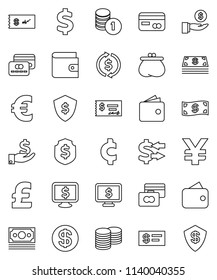 thin line vector icon set - exchange vector, credit card, wallet, investment, coin stack, check, dollar shield, monitor, euro sign, pound, yen, cent, money, cash