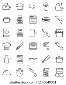 thin line vector icon set - pan vector, cook hat, apron, glove, timer, whisk, spatula, knife, grater, oven, cookbook, sieve, dish, mixer, multi cooker, toaster, double boiler