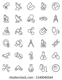 thin line vector icon set - thermometer vector, drawing compass, telescope, microscope, magnet, flask, pills, molecule, oxygen, satellite, antenna, dna, drop counter, ovule