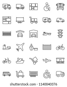 thin line vector icon set - school bus vector, bike, plane, traffic light, ship, truck trailer, sea container, delivery, car, port, consolidated cargo, Railway carriage, disabled, garage, relocation