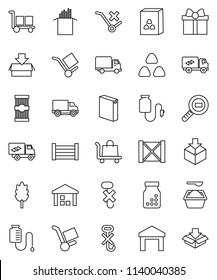 thin line vector icon set - washing powder vector, cereal, pasta, delivery, wood box, cargo, no trolley, hook, warehouse, package, search, pills bottle, drop counter, relocation truck, gift