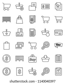 thin line vector icon set - dollar coin vector, cart, credit card, receipt, estate document, search, new, shopping bag, buy, barcode, reader, basket, list
