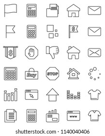 thin line vector icon set - calculator vector, flag, arrow up, dollar, document, equalizer, finger down, mail, browser, home, loading, stop, house, buy, clothes