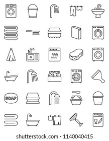 thin line vector icon set - soap vector, scraper, fetlock, bucket, sponge, towel, bath, drying clothes, washer, washing powder, shower, sink, dishwasher