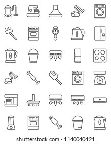 thin line vector icon set - vacuum cleaner vector, bucket, kettle, scales, oven, blender, air conditioner, fridge, washer, coffee maker, hood