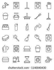 thin line vector icon set - broom vector, vacuum cleaner, mop, bucket, sponge, car fetlock, steaming, washer, washing powder, cleaning agent, rubber glove
