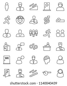 thin line vector icon set - water closet vector, student, manager, man, stairways run, support, client, speaking, doctor, gender sign, eye hat, head bandage, medical room, consumer