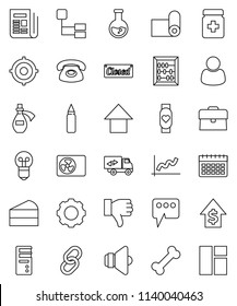 thin line vector icon set - cake vector, abacus, flask, graph, case, dollar growth, target, arrow up, punching bag, heart monitor, calendar, fitness mat, bone, newspaper, speaker, link, finger down
