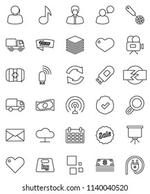 thin line vector icon set - skimmer vector, presentation, music, cash, manager, calendar, first aid kit, support, protected, weight, antenna, video camera, speaking man, heart, cloud network, mail