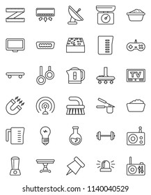thin line vector icon set - vacuum cleaner vector, fetlock, sponge, foam basin, measuring cup, cook press, paper pin, magnet, flask, barbell, skateboard, gymnast rings, radio, antenna, tv, monitor
