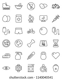 thin line vector icon set - liquid soap vector, egg, potato, measuring, bike, fitball, shorts, roller Skates, sports nutrition, heart monitor, no alcohol sign, bone, weight, disabled, thermometer