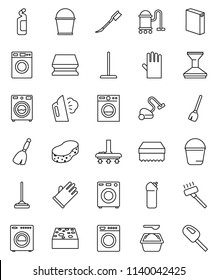 thin line vector icon set - broom vector, vacuum cleaner, mop, bucket, sponge, car fetlock, steaming, washer, washing powder, cleaning agent, rubber glove