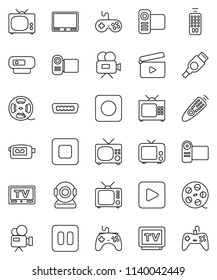 thin line vector icon set - cinema clap vector, film spool, tv, gamepad, video camera, remote control, play button, pause, stop, rec, hdmi, web