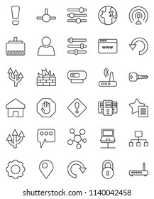 thin line vector icon set - world vector, antenna, social media, connect, notebook network, server, browser, gear, equalizer, firewall, router, lan connector, home, favorites, message, redo, undo