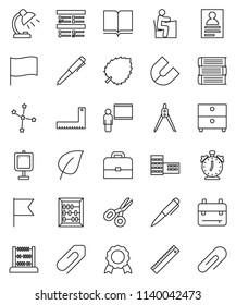 thin line vector icon set - book vector, school building, blackboard, corner ruler, drawing compass, student, case, backpack, pen, table lamp, alarm clock, medal, magnet, scissors, abacus, archive