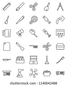 thin line vector icon set - plunger vector, broom, fetlock, sponge, car, steaming, pan, measuring cup, spatula, cutting board, blender, pen, ruler, drawing compass, telescope, scissors, social media