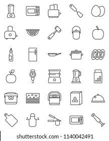 thin line vector icon set - pan vector, camping cauldron, colander, scales, apron, cook press, spatula, meat hammer, cutting board, toaster, double boiler, plates, dish, cereal, egg, oil, diet
